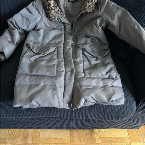 Kenneth Cole New York Taupe Puffer Jacket with Leopard Accents